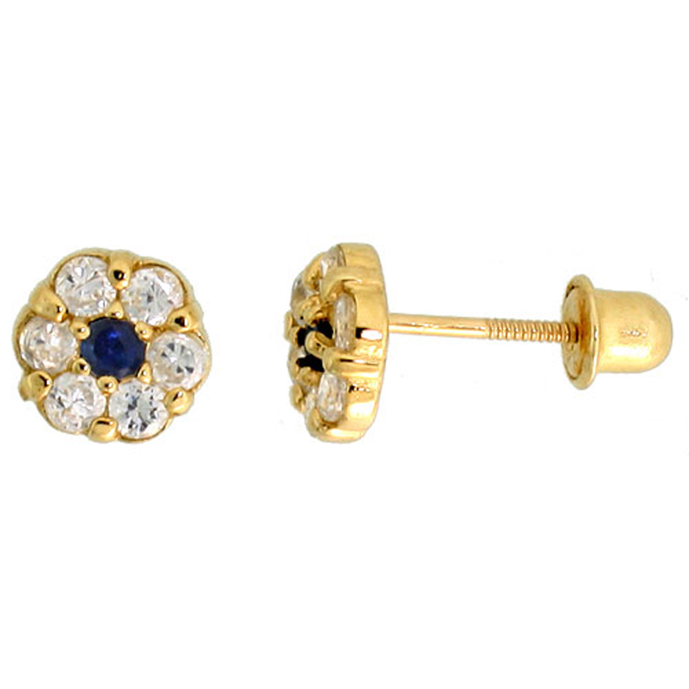 14K GOLD TINY FLOWER STUD EARRINGS BLUE & WHITE CUBIC ZIRCONIA STONES 1/4 INCH TALL