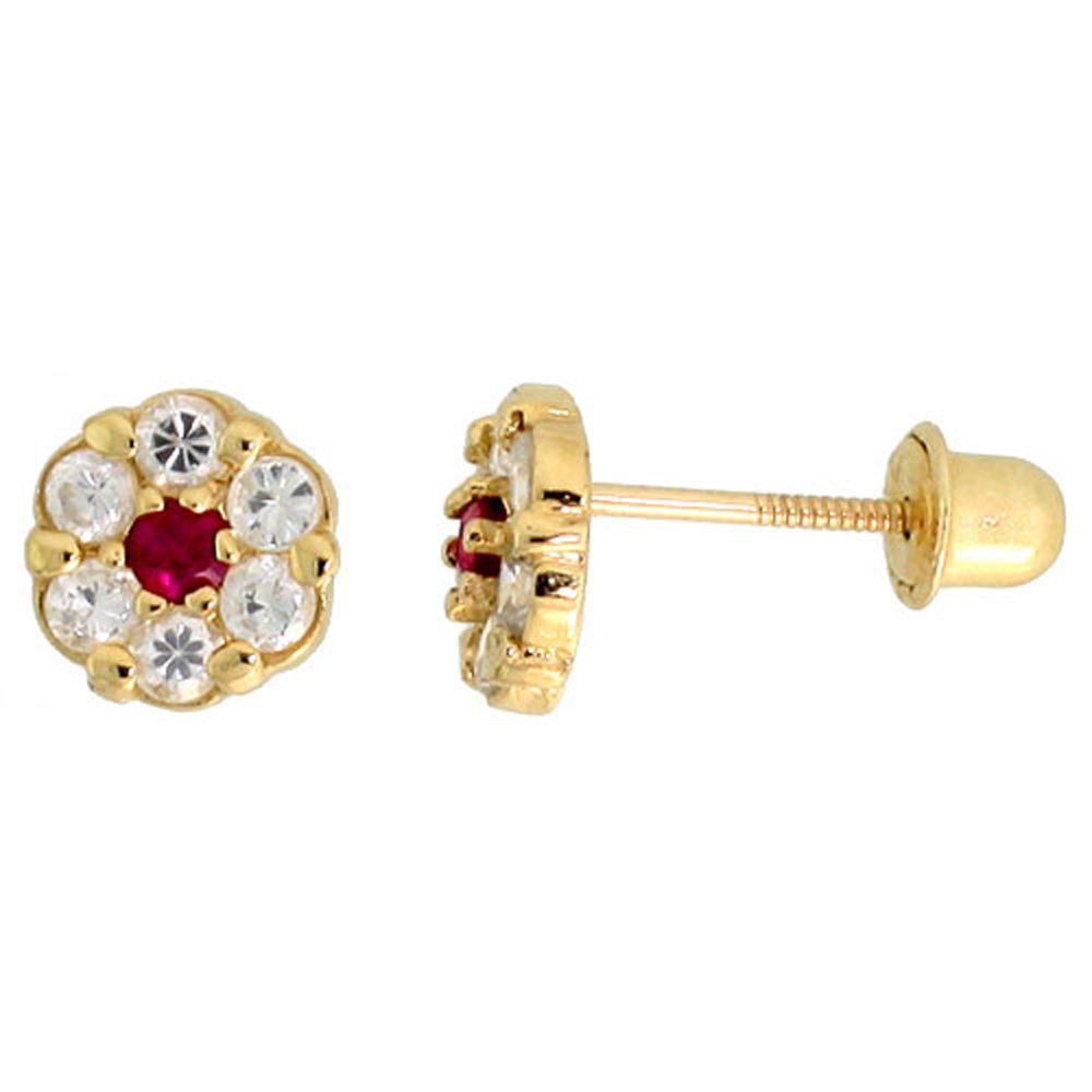 14K GOLD TINY FLOWER STUD EARRINGS RED & WHITE CUBIC ZIRCONIA STONES 1/4 INCH TALL
