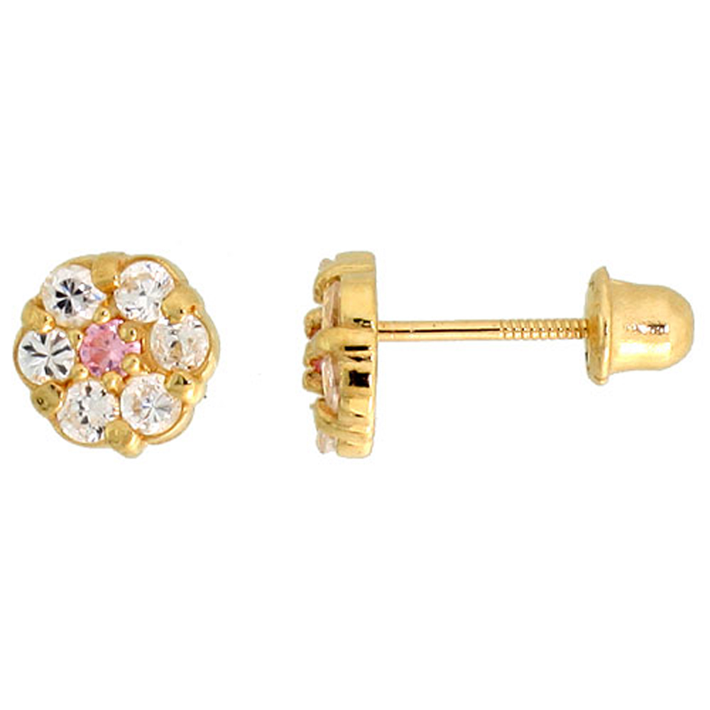 14K GOLD TINY FLOWER STUD EARRINGS PINK & WHITE CUBIC ZIRCONIA STONES 1/4 INCH TALL