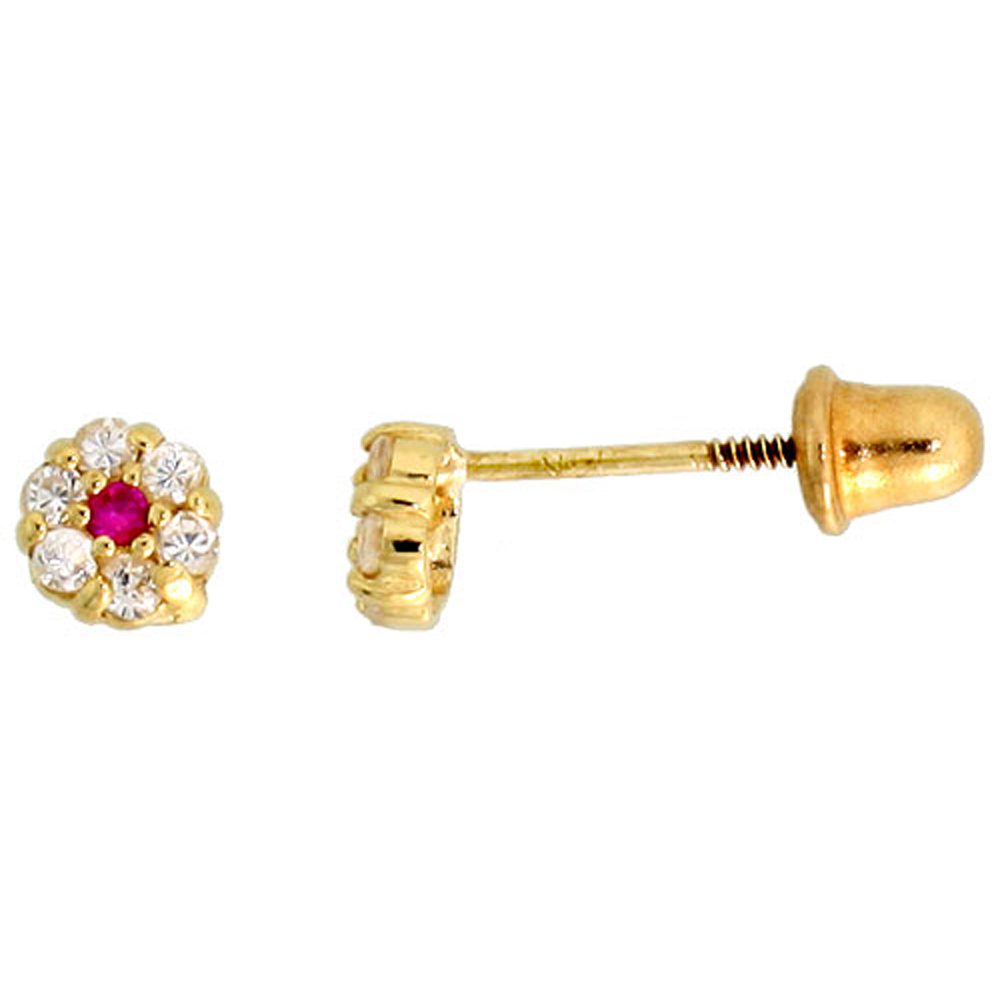 14K GOLD TINY FLOWER STUD EARRINGS RED & WHITE CUBIC ZIRCONIA STONES 7/32 INCH TALL
