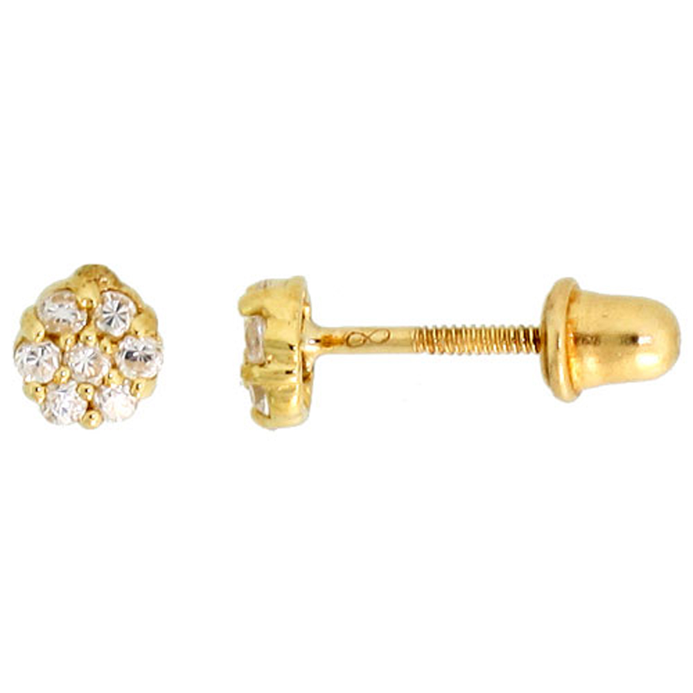 14K GOLD TINY FLOWER STUD EARRINGS WHITE CUBIC ZIRCONIA STONES 7/32 INCH TALL