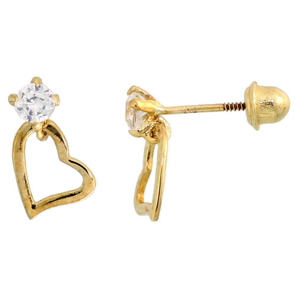 14K GOLD HEART STUD EARRINGS WHITE CUBIC ZIRCONIA STONES 3/8 INCH TALL