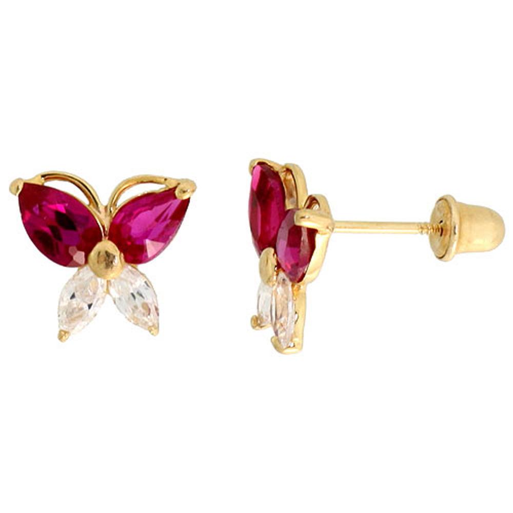 14K GOLD BUTTERFLY STUD EARRINGS RED & WHITE CUBIC ZIRCONIA STONES 5/16 INCH TALL