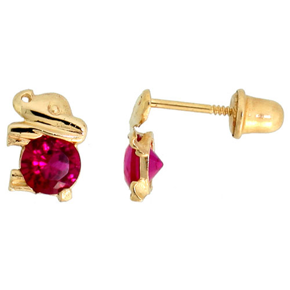 14K GOLD TINY ELEPHANT STUD EARRINGS RED CUBIC ZIRCONIA STONES 1/4 INCH TALL