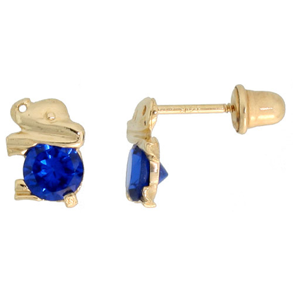 14K GOLD TINY ELEPHANT STUD EARRINGS BLUE CUBIC ZIRCONIA STONES 1/4 INCH TALL