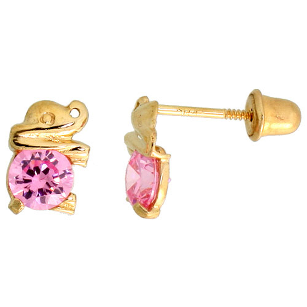 14K GOLD TINY ELEPHANT STUD EARRINGS PINK CUBIC ZIRCONIA STONES 1/4 INCH TALL