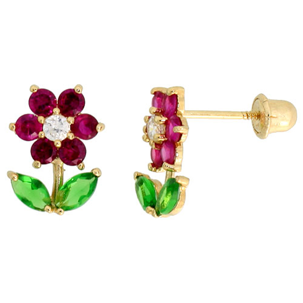 14K GOLD FLOWER W/ LEAVES STUD EARRINGS GREEN & WHITE CUBIC ZIRCONIA STONES 3/8 INCH TALL