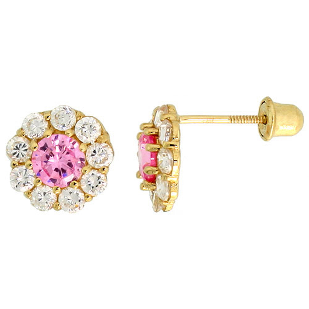 14K GOLD FLOWER STUD EARRINGS PINK & WHITE CUBIC ZIRCONIA STONES 5/16 INCH TALL