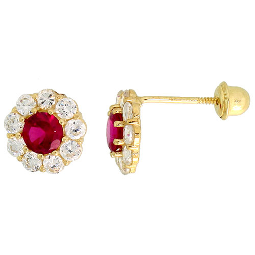 14K GOLD FLOWER STUD EARRINGS RED & WHITE CUBIC ZIRCONIA STONES 5/16 INCH TALL