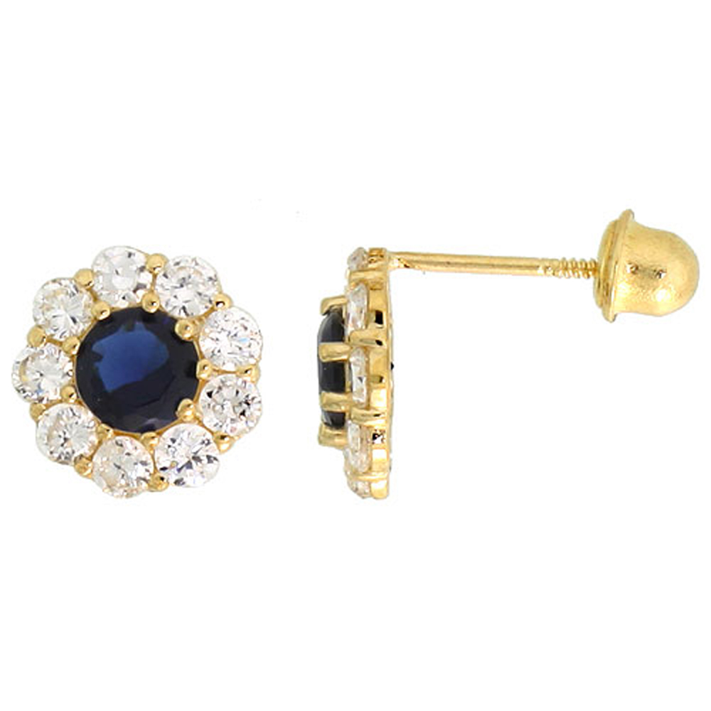 14K GOLD FLOWER STUD EARRINGS BLUE & WHITE CUBIC ZIRCONIA STONES 5/16 INCH TALL