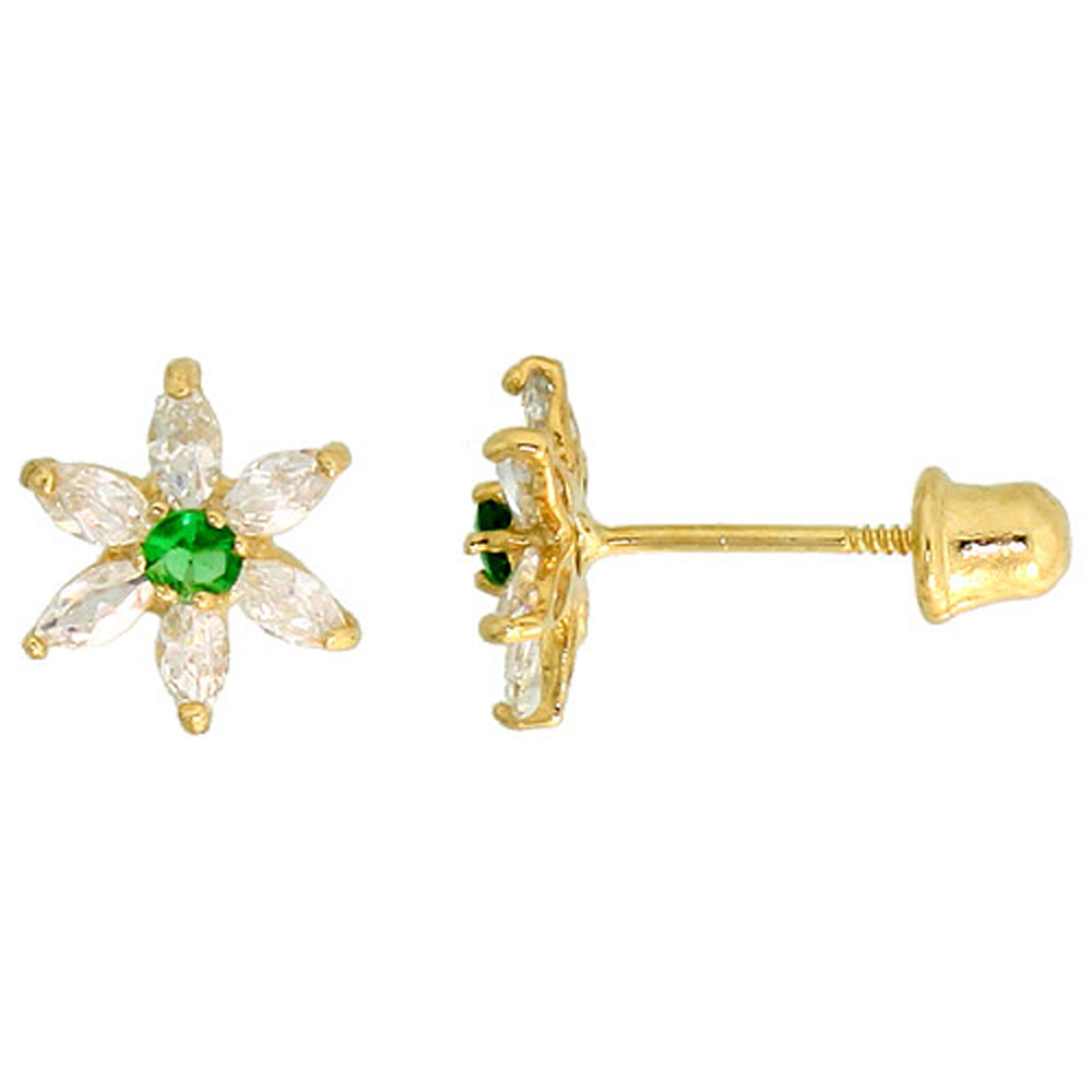 14K GOLD FLOWER STUD EARRINGS WHITE & WHITE CUBIC ZIRCONIA STONES 5/16 INCH TALL