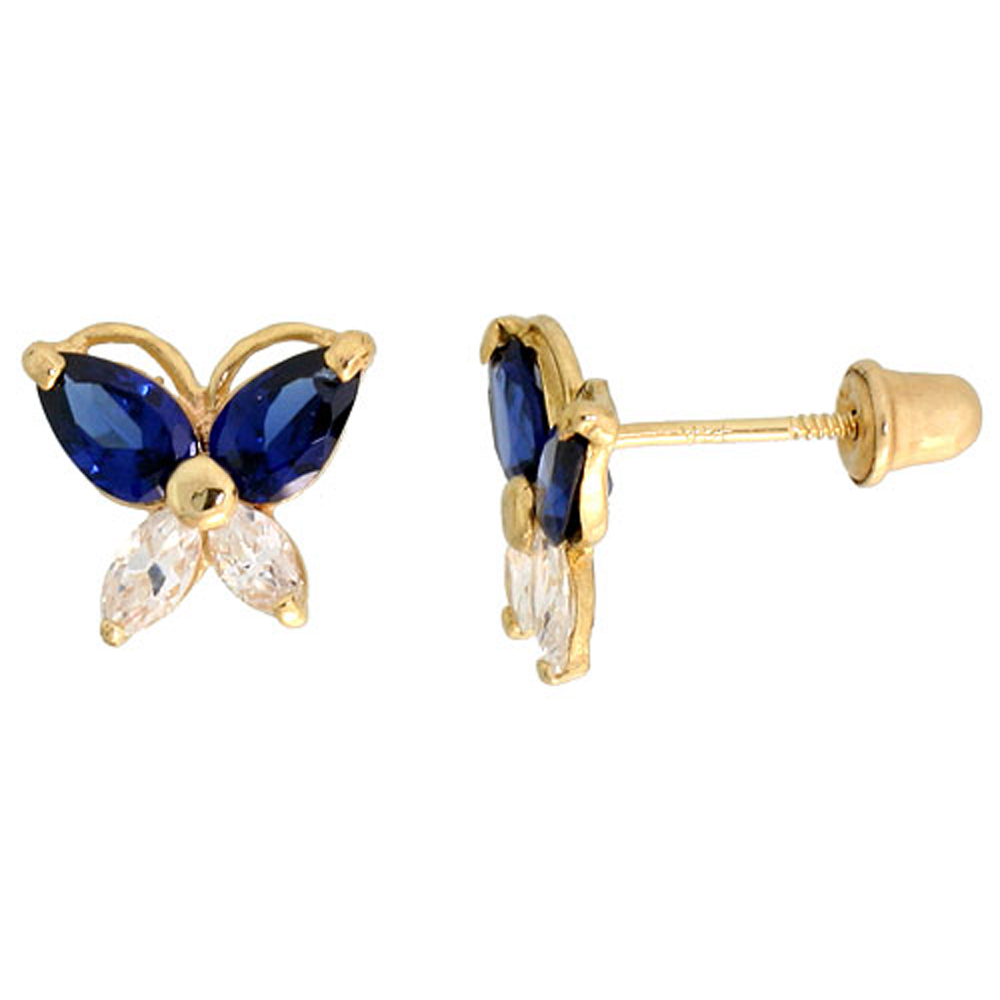 14K GOLD BUTTERFLY STUD EARRINGS BLUE & WHITE CUBIC ZIRCONIA STONES 5/16 INCH TALL