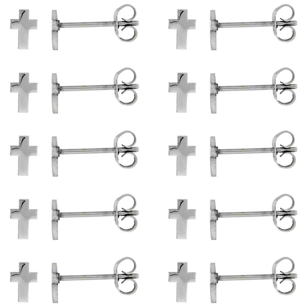 10 PAIR PACK Stainless Steel Very Tiny Cross Stud Earrings 1/4 inch