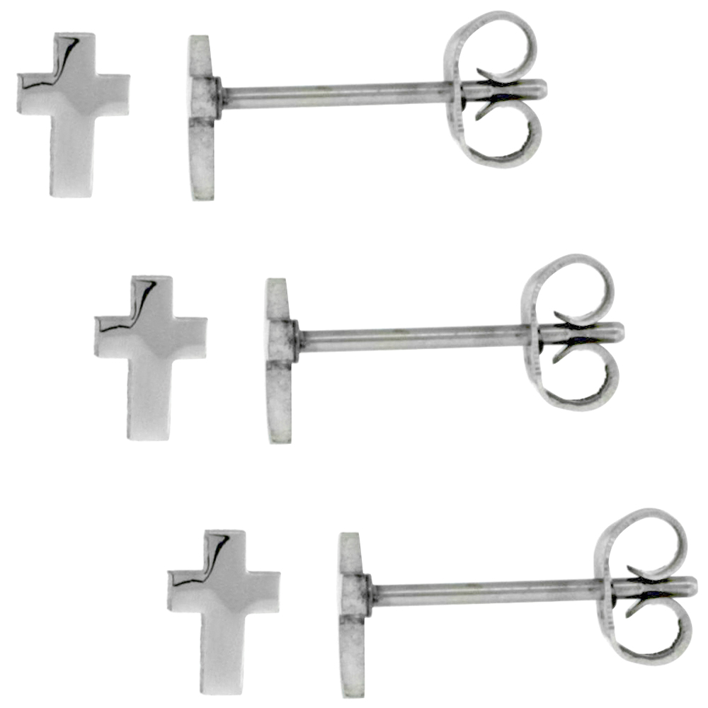 3 PAIR PACK Stainless Steel Very Tiny Cross Stud Earrings 1/4 inch