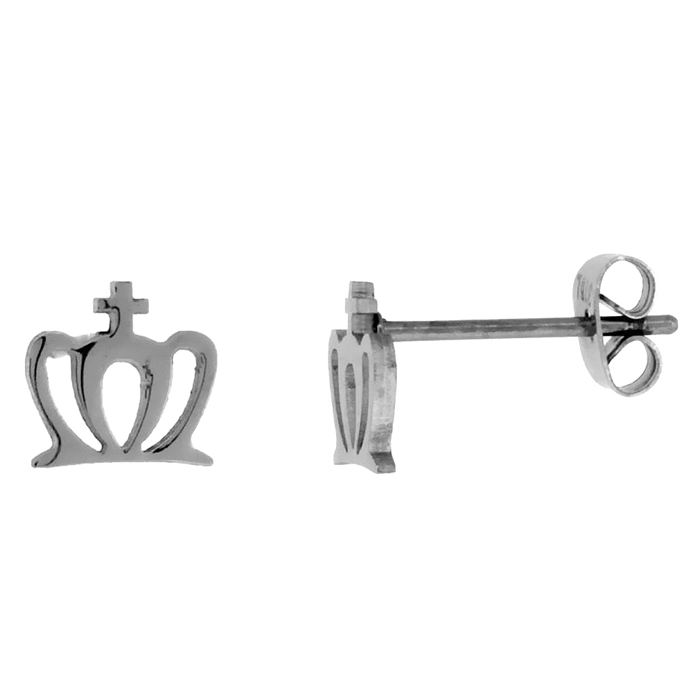 Stainless Steel Tiny Crown Stud Earrings with Cross 5/32 inch