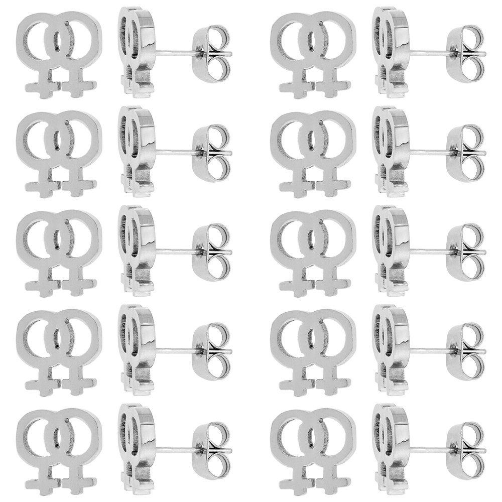 10 PAIR PACK Stainless Steel Lesbian Symbol Earrings, 3/8 inch wide