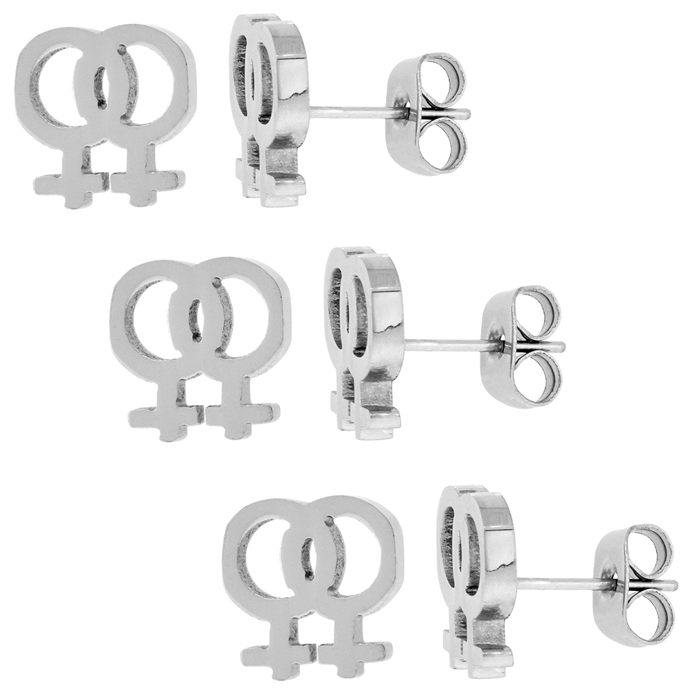 3 PAIR PACK Stainless Steel Lesbian Symbol Earrings, 3/8 inch wide
