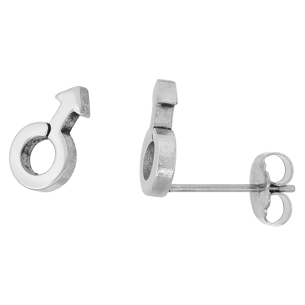 10 Pair Pack Small Stainless Steel Male Symbol Stud Earrings 3/8 inch