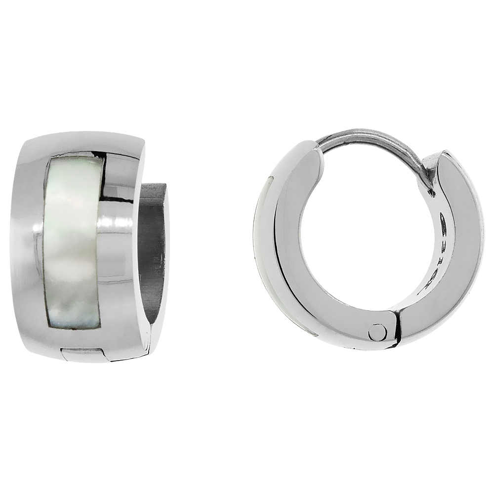 Stainless Steel Mother Of Pearl Huggie Hoop Earrings thick 1/2 inch