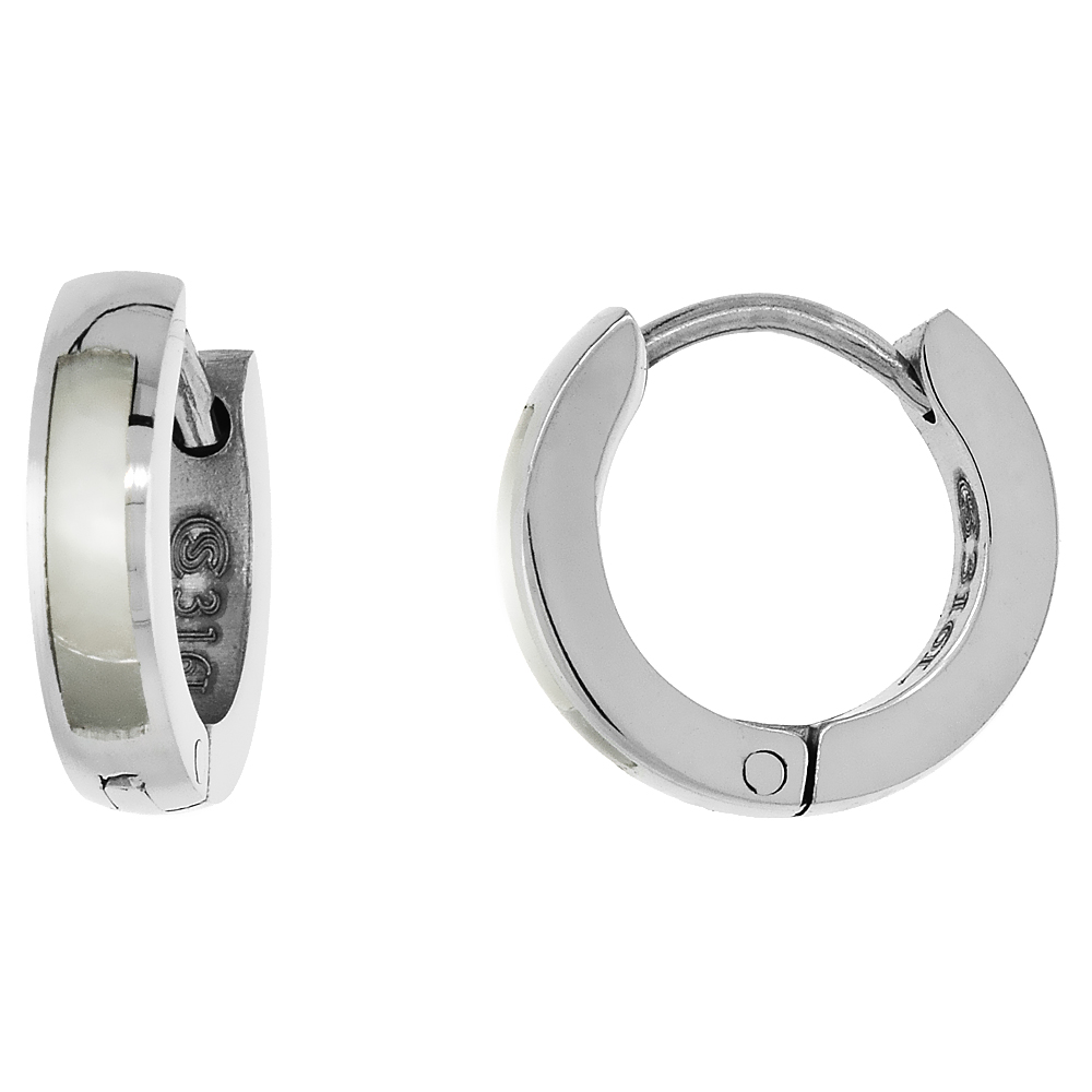 Small Stainless Steel Mother Of Pearl Huggie Hoop Earrings thin 1/2 inch