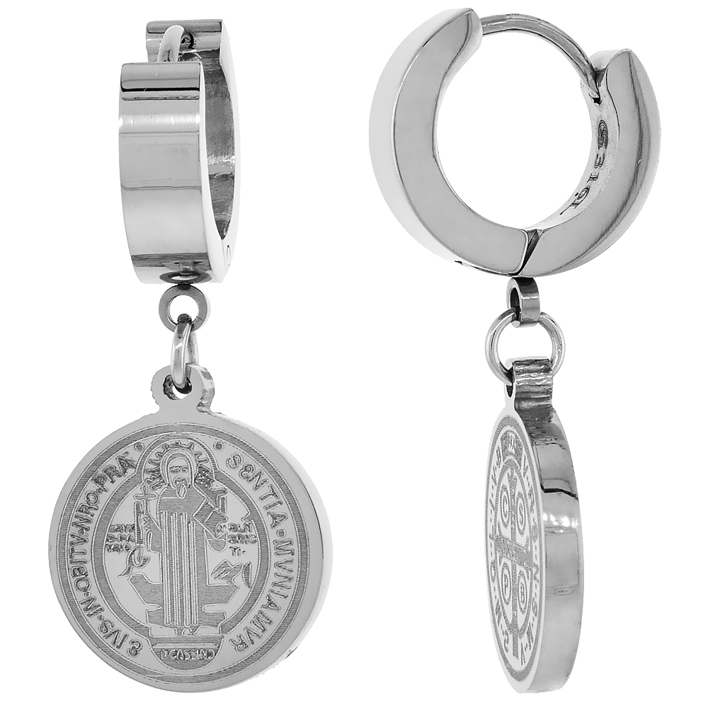 Small Stainless Steel St Benedict Huggie Hoop Earrings, 5/8 inch