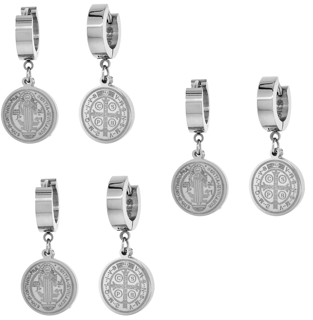 3 PAIR PACK Small Stainless Steel St Benedict Huggie Hoop Earrings, 5/8 inch