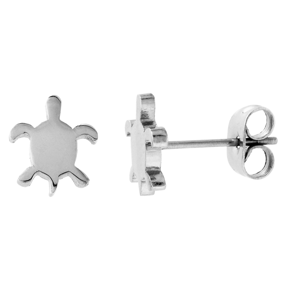 Small Stainless Steel Sea Turtle Stud Earrings, 3/8 inch