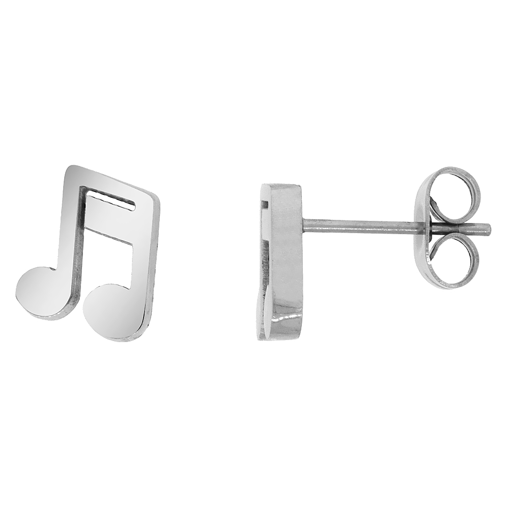 Small Stainless Steel Musical Note Stud Earrings Double Bar Symbol 3/8 inch
