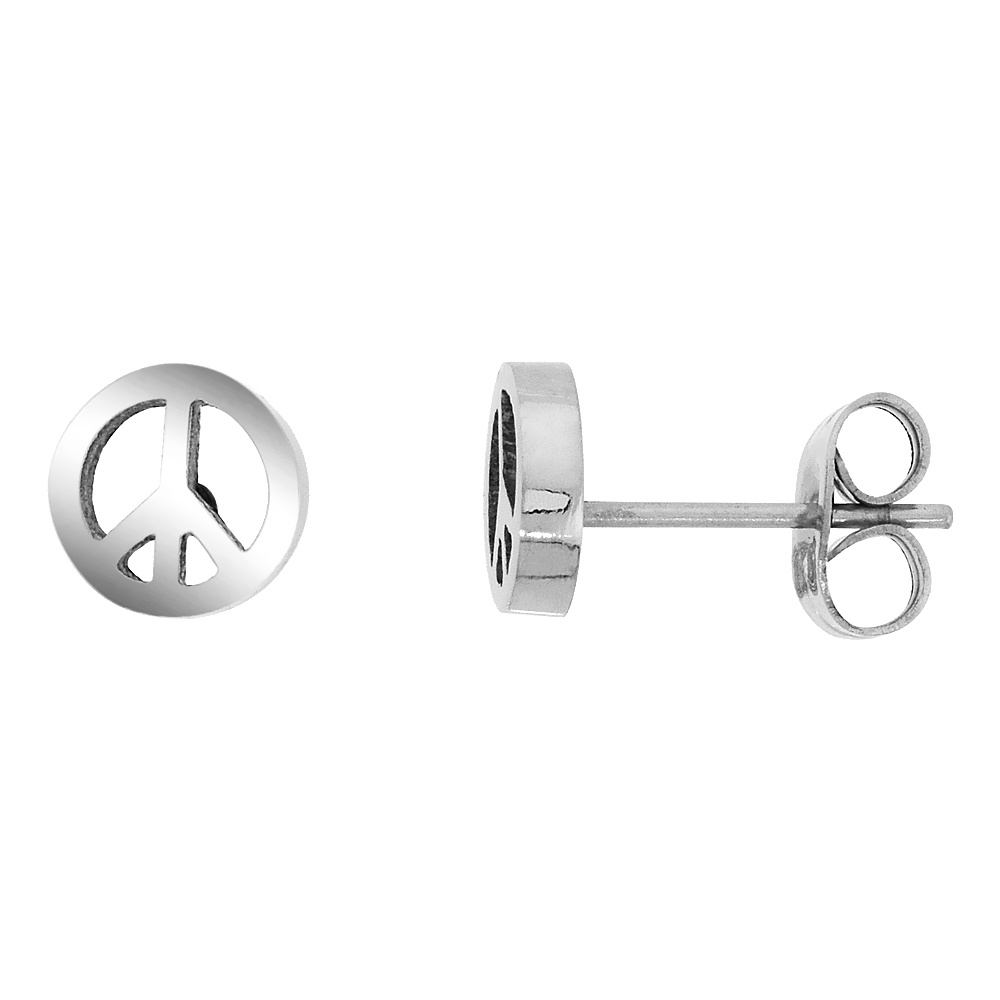 3 Pair Pack Small Stainless Steel Peace Sign Stud Earrings 3/8 inch