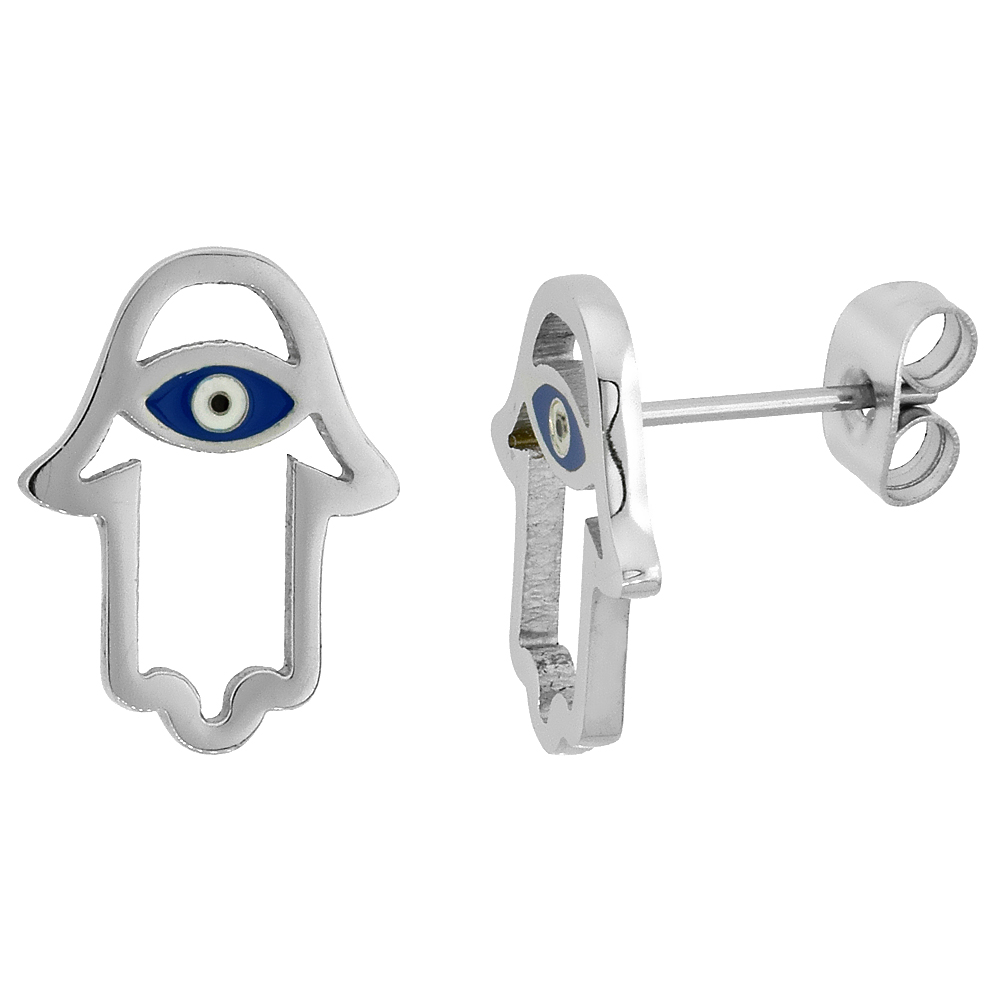 Stainless Steel Hamsa Stud Earrings 5/8 inch long