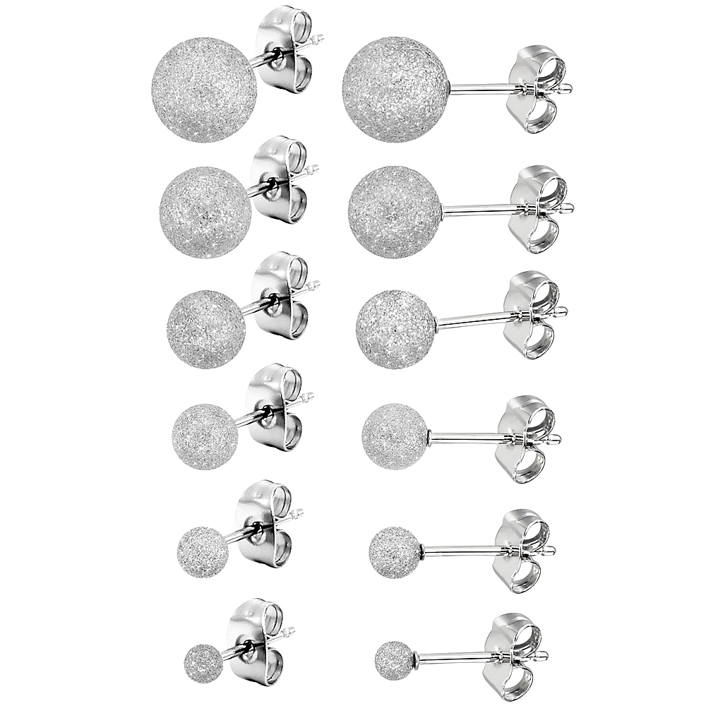 6 PAIR SET Stainless Steel 3 - 8 mm Ball Stud Earrings Stardust Finish