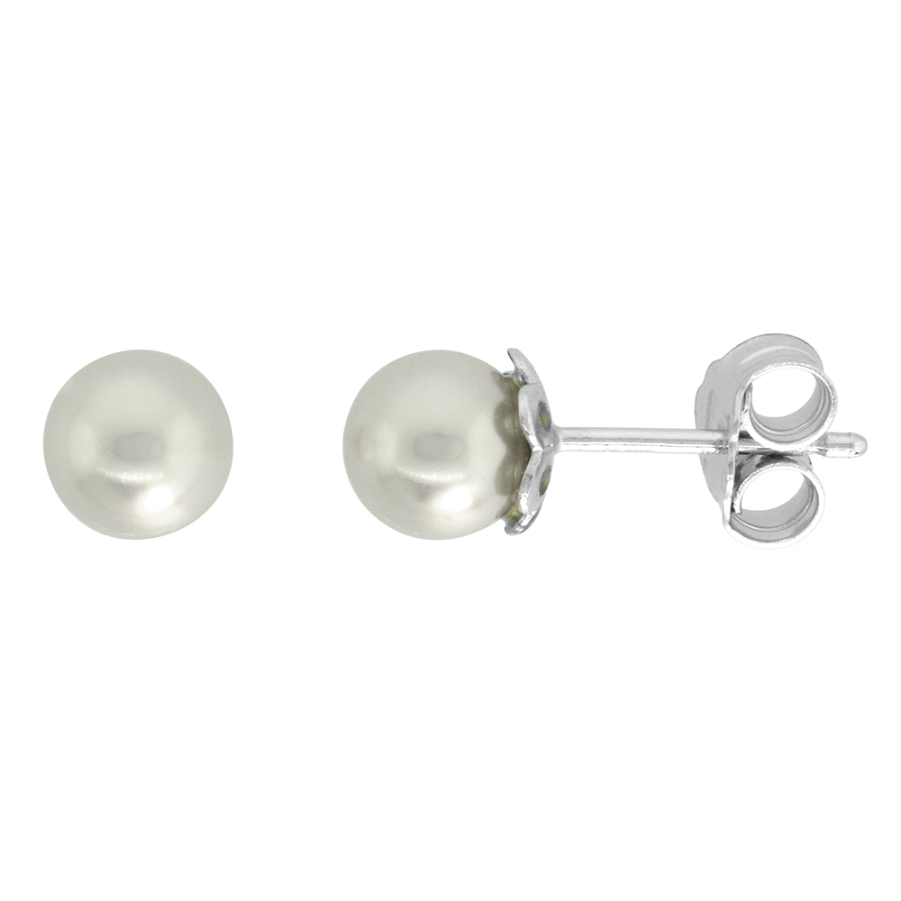 STERLING SILVER FASHION FAUX PEARL STUD EARRINGS FOR WOMEN 6MM WITH SWAROVSKI CRYSTAL PEARLS ITALY