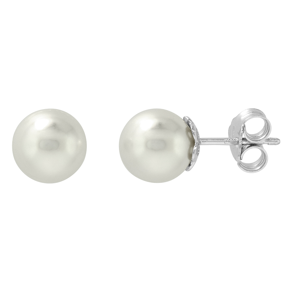 STERLING SILVER FASHION FAUX PEARL STUD EARRINGS FOR WOMEN 8MM WITH SWAROVSKI CRYSTAL PEARLS ITALY