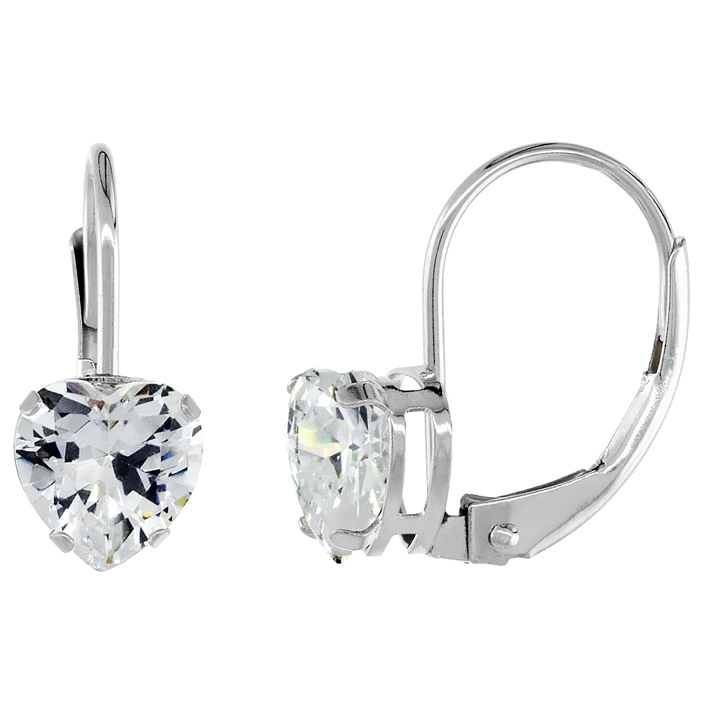 10k White Gold Cubic Zirconia Leverback Earrings 6mm Heart Shape 1.5 ct, 9/16 inch