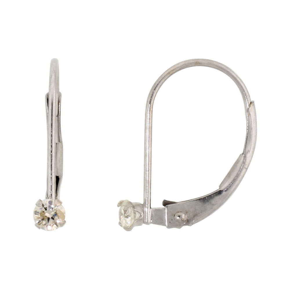 2MM 10K WHITE GOLD CUBIC ZIRCONIA LEVERBACK EARRINGS ROUND 0.08 CT, 9/16 INCH