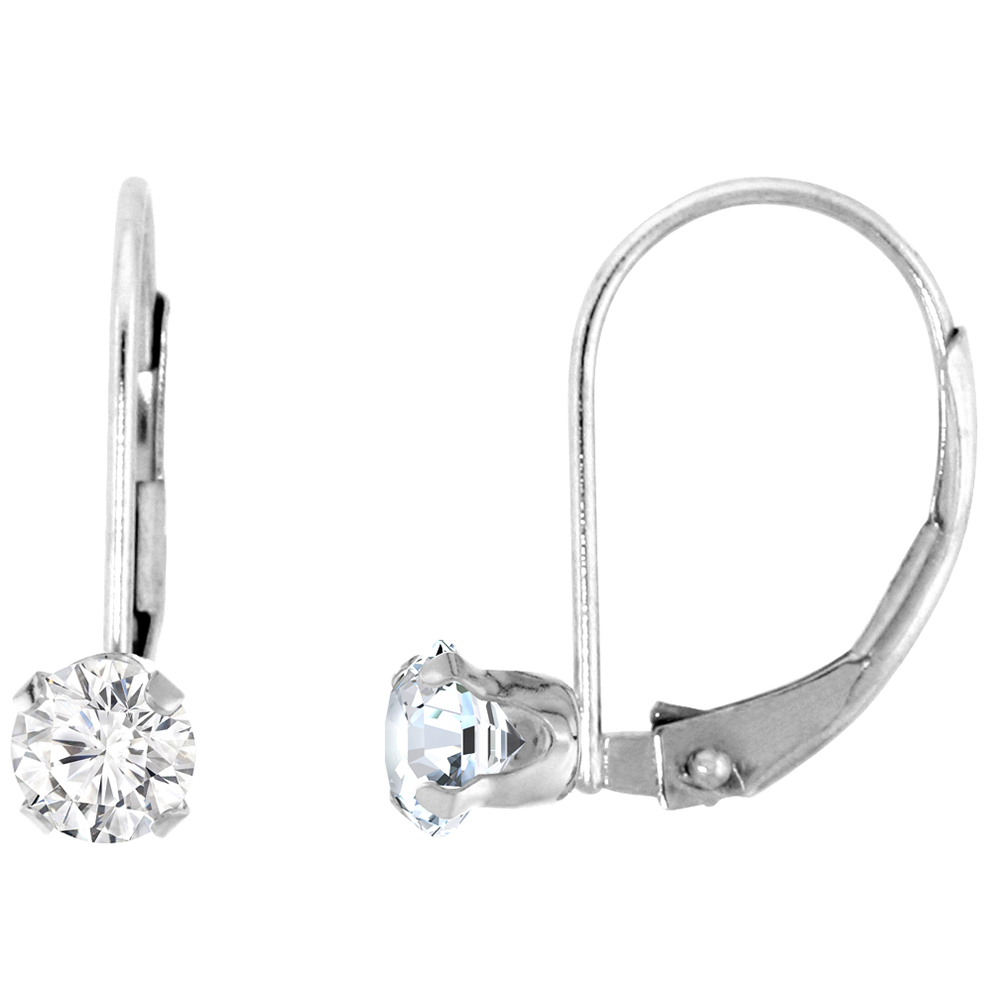 3MM 10K WHITE GOLD CUBIC ZIRCONIA LEVERBACK EARRINGS ROUND 0.22 CT, 9/16 INCH