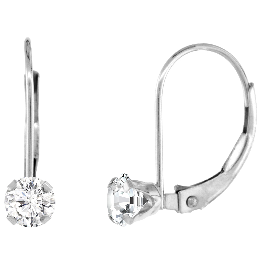 4MM 10K WHITE GOLD CUBIC ZIRCONIA LEVERBACK EARRINGS ROUND 0.50 CT, 9/16 INCH