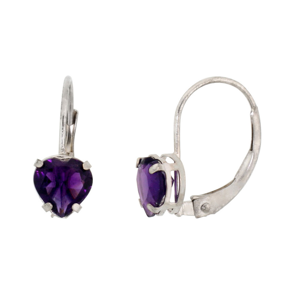 10K WHITE GOLD NATURAL AMETHYST LEVERBACK EARRINGS 6MM HEART SHAPE 1.5 CT 9/16 INCH