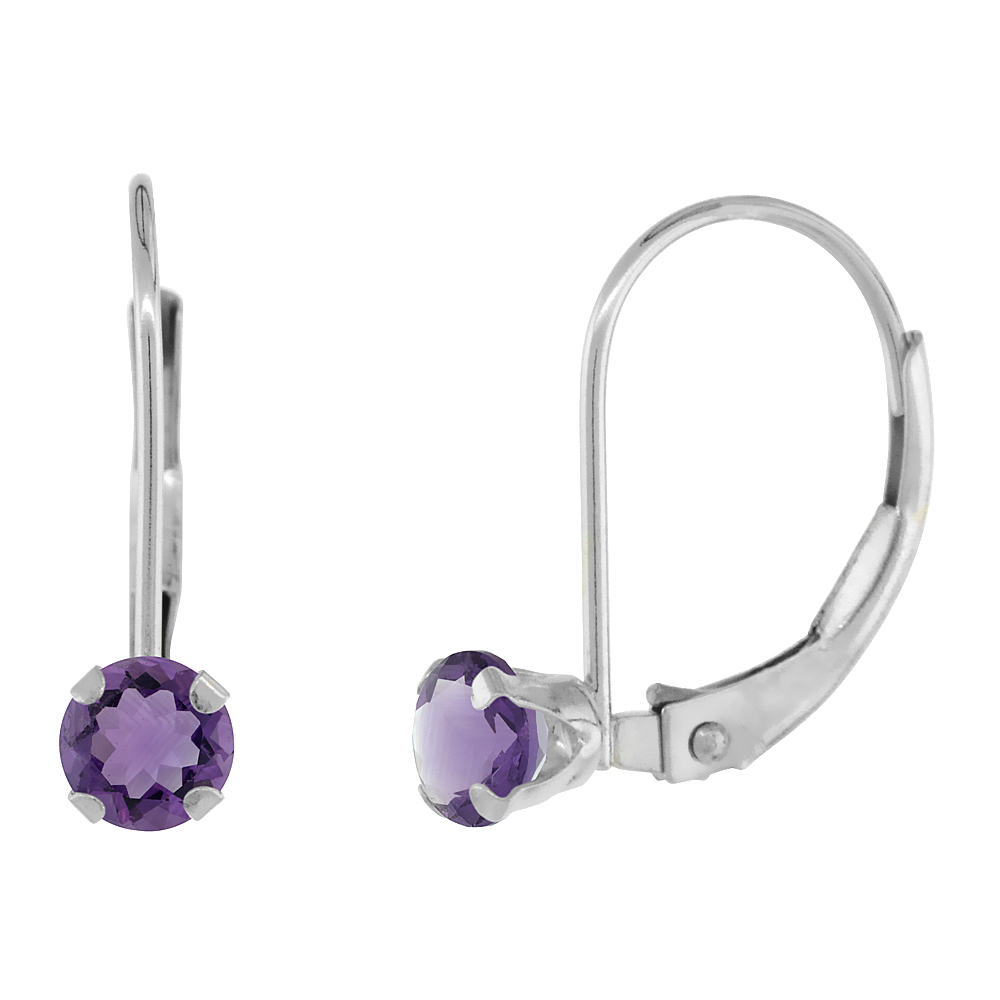 10K WHITE GOLD NATURAL AMETHYST LEVERBACK EARRINGS 4MM ROUND 0.50 CT, 9/16 INCH