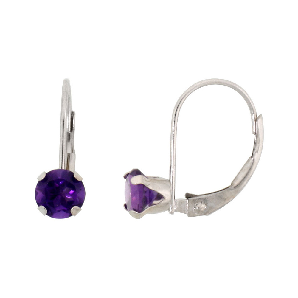 10K WHITE GOLD NATURAL AMETHYST LEVERBACK EARRINGS 5MM ROUND 1 CT, 9/16 INCH