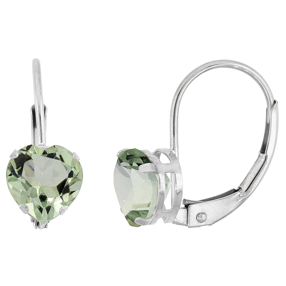 10k White Gold Natural Green Amethyst Leverback Earrings 6mm Heart Shape 1.5 ct, 9/16 inch