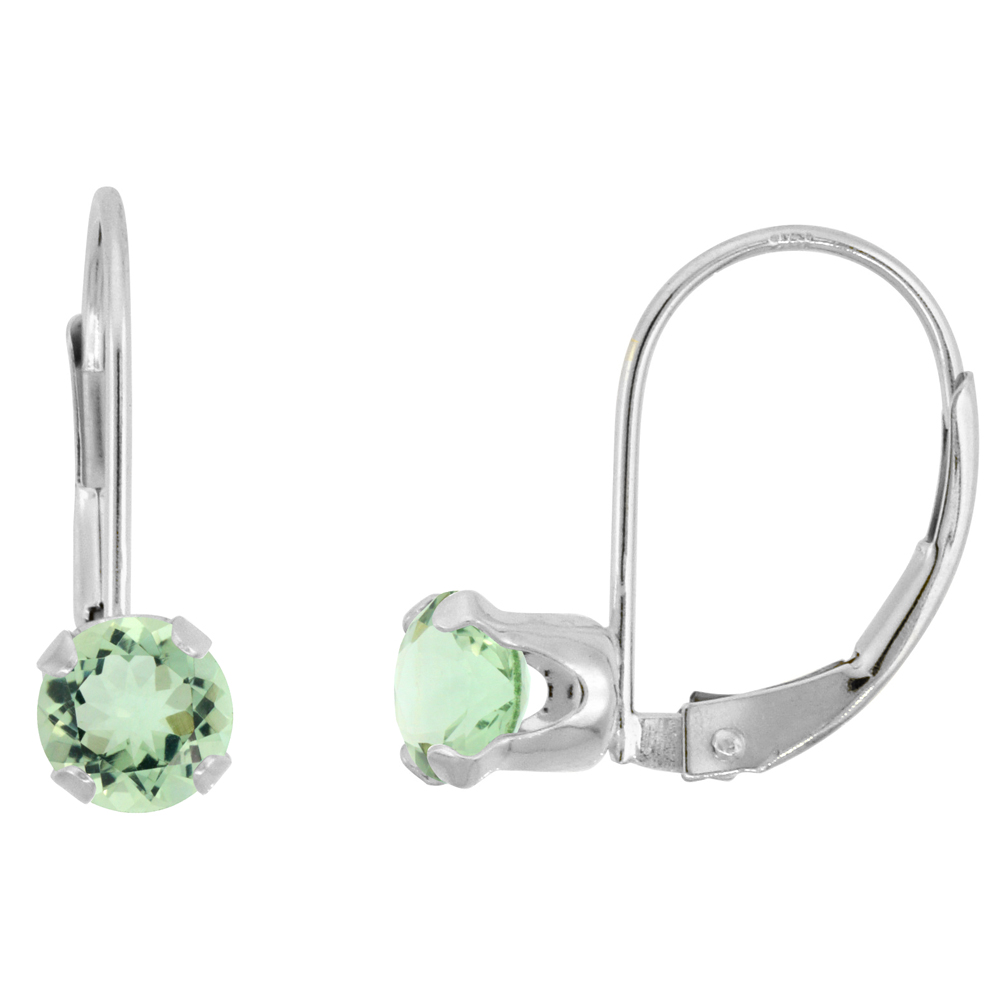 10K WHITE GOLD NATURAL GREEN AMETHYST LEVERBACK EARRINGS 5MM ROUND 1 CT, 9/16 INCH