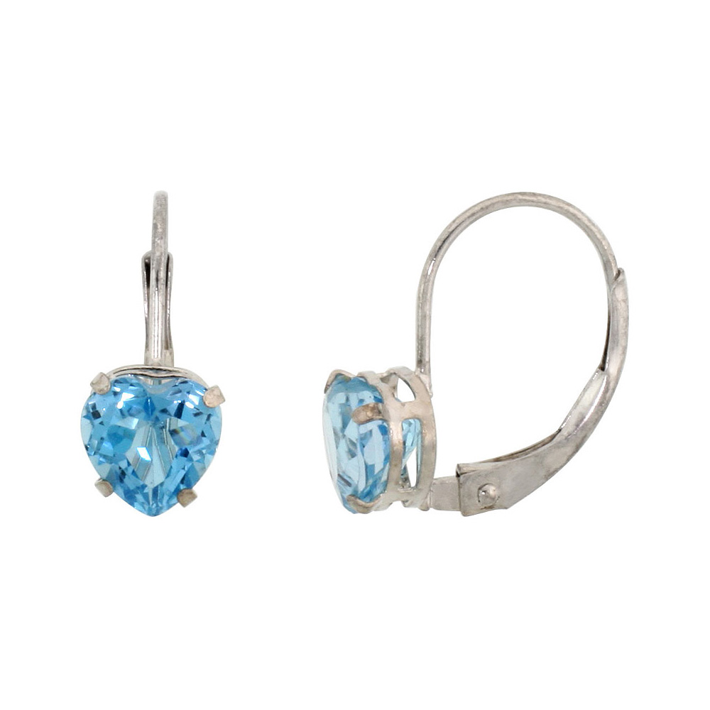 10k White Gold Natural Blue Topaz Leverback Earrings 6mm Heart Shape 1.5 ct, 9/16 inch