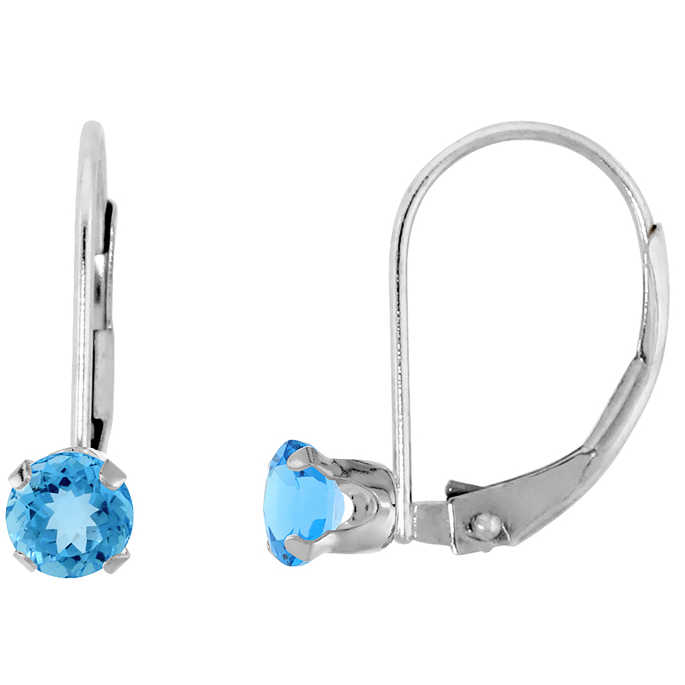 10K WHITE GOLD NATURAL SWISS BLUE TOPAZ LEVERBACK EARRINGS 3MM ROUND 0.22 CT, 9/16 INCH