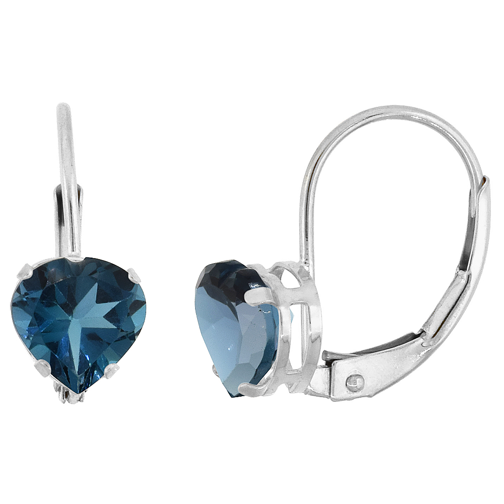 10k White Gold Natural London Blue Topaz Leverback Earrings 6mm Heart Shape 1.5 ct, 9/16 inch