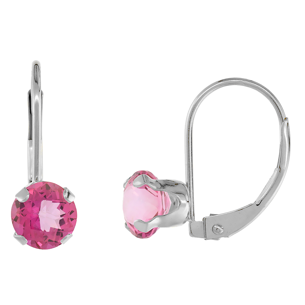 10K WHITE GOLD NATURAL PINK TOPAZ LEVERBACK EARRINGS 6MM ROUND 1.5 CT, 9/16 INCH