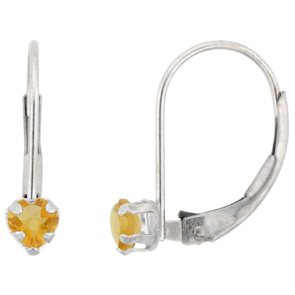 10K WHITE GOLD NATURAL CITRINE LEVERBACK EARRINGS 4MM HEART SHAPE 0.50 CT, 9/16 INCH