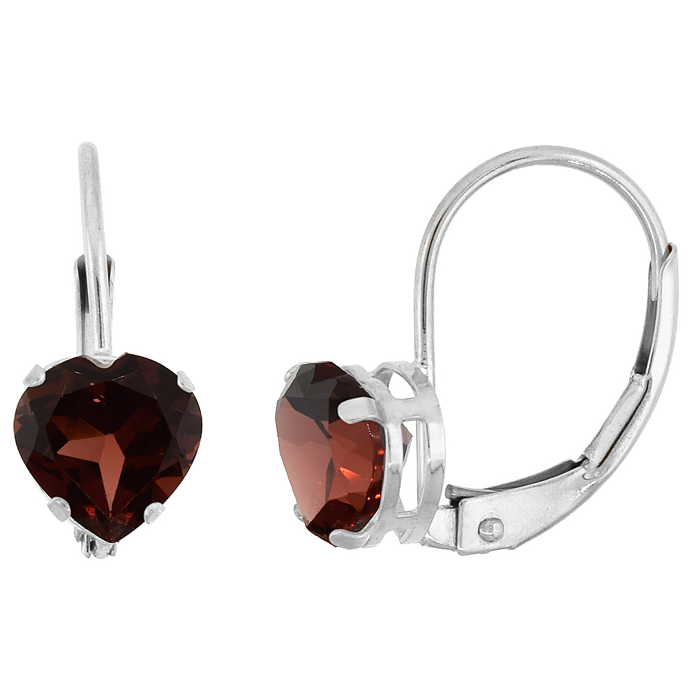 10k White Gold Natural Garnet Leverback Earrings 6mm Heart Shape 1.5 ct, 9/16 inch