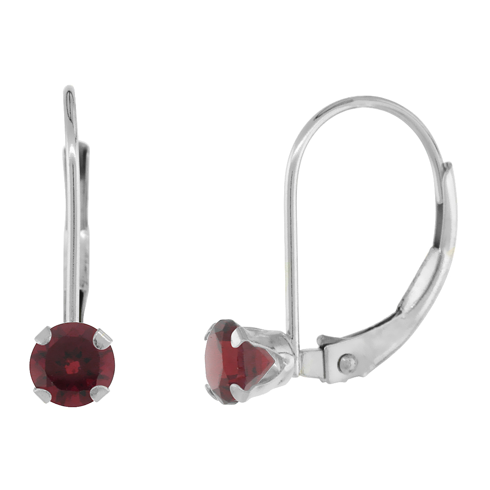 10K WHITE GOLD NATURAL GARNET LEVERBACK EARRINGS 4MM ROUND 0.50 CT, 9/16 INCH