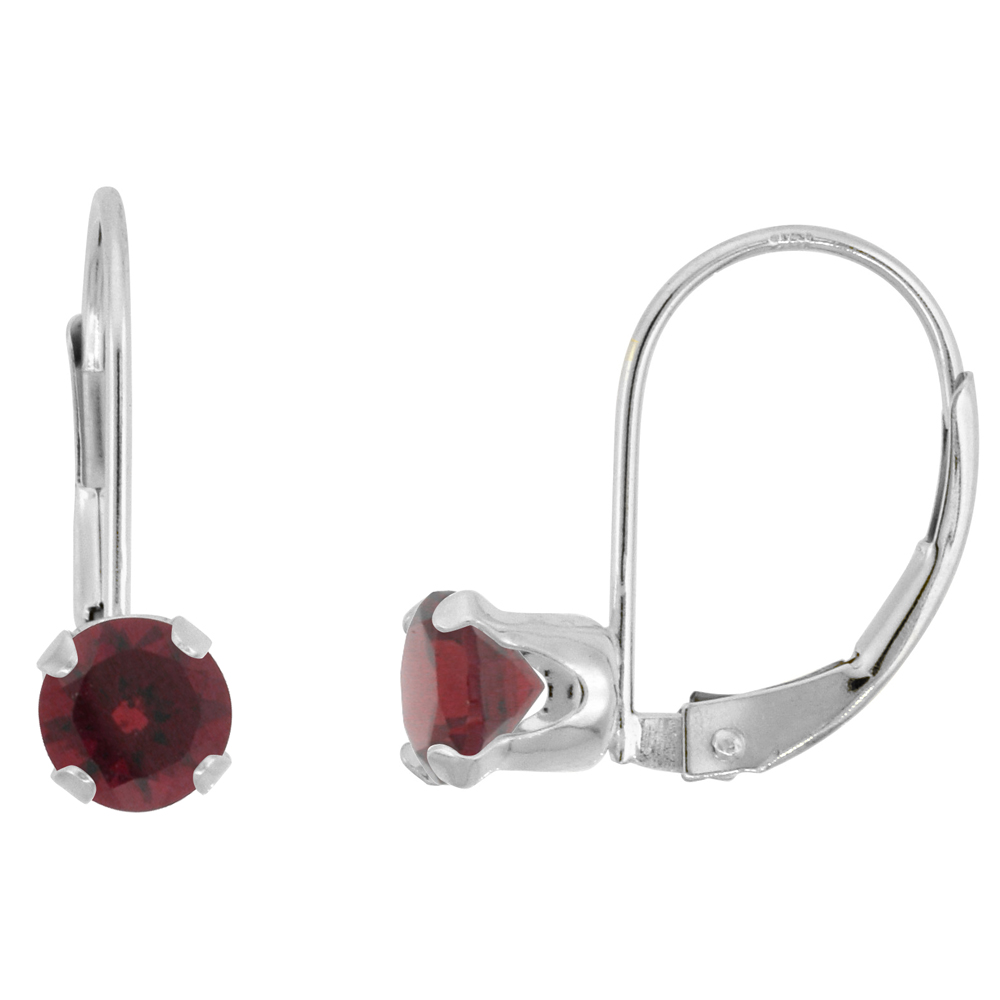 10K WHITE GOLD NATURAL GARNET LEVERBACK EARRINGS 5MM ROUND 1 CT, 9/16 INCH